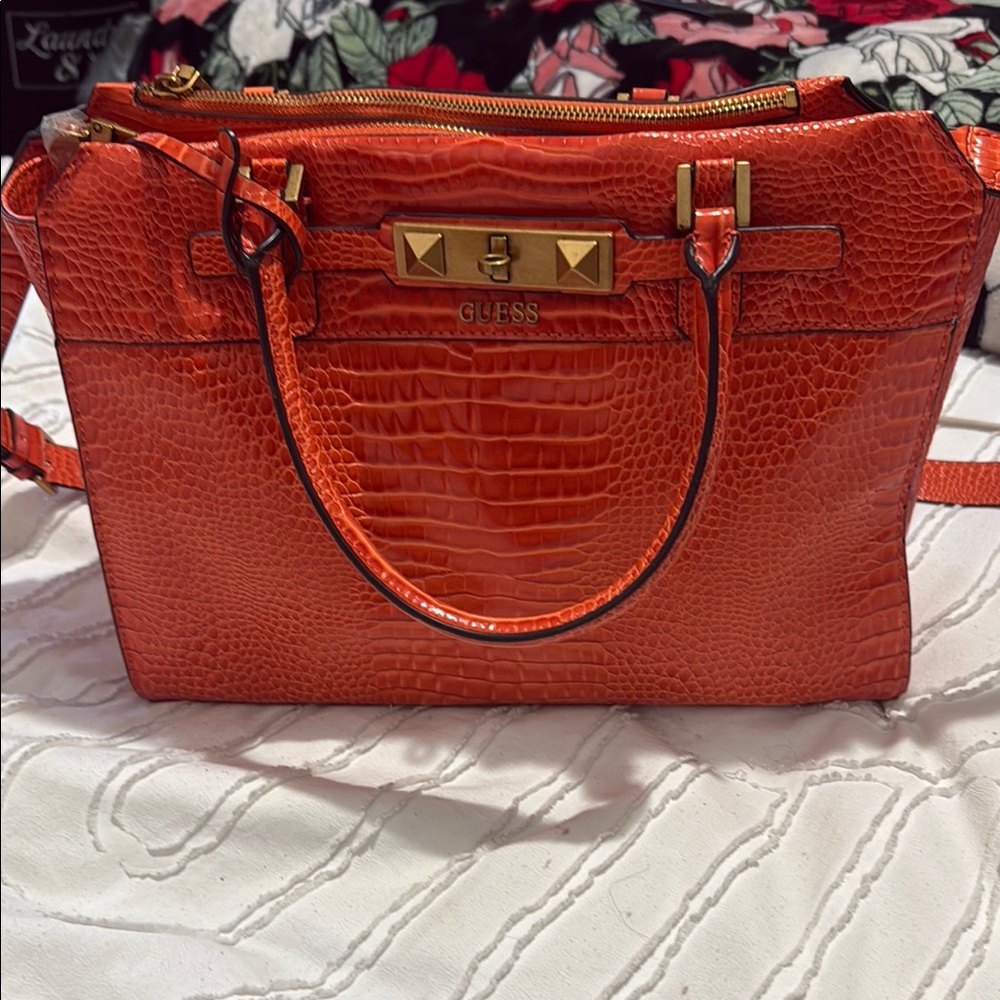 GUESS Vibrant Orange Croc-Embossed Satchel